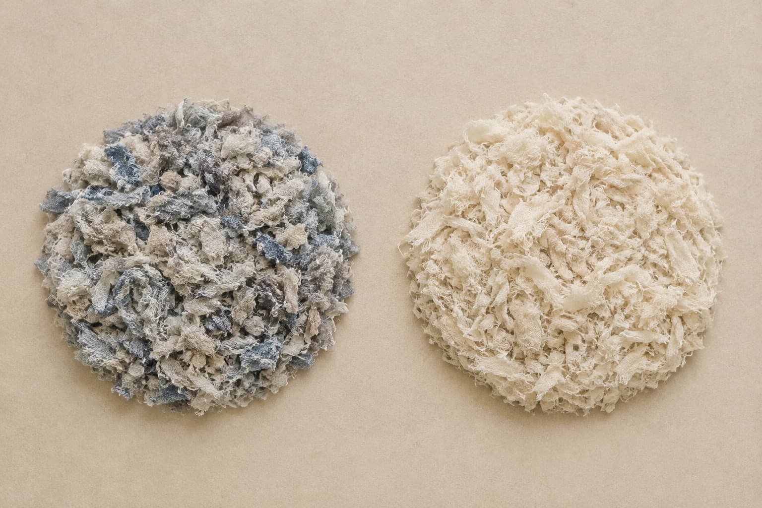 Two equal round piles of shredded textile fibre side by side on a pale ground. The left pile is mixed in colour with greys and faded blues; the right pile is a uniform pale ecru.